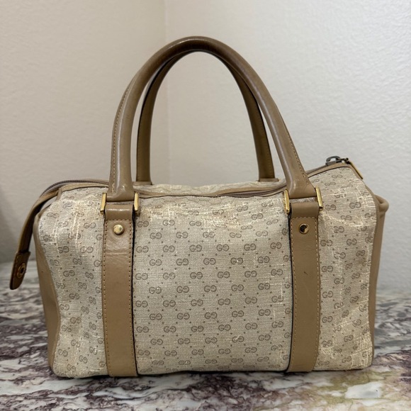 Vintage Gucci GG Monogram Boston Bag Tan Leather Trim top handle FLAW - Picture 4 of 16